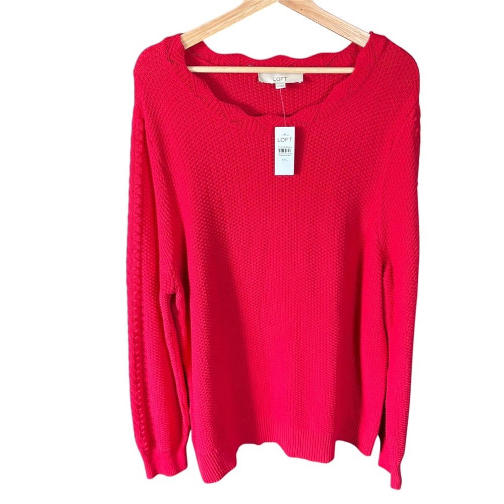 🆕🆕LOFT Red Knit Sweater with Scallop Detail Neckline - 100% Cotton